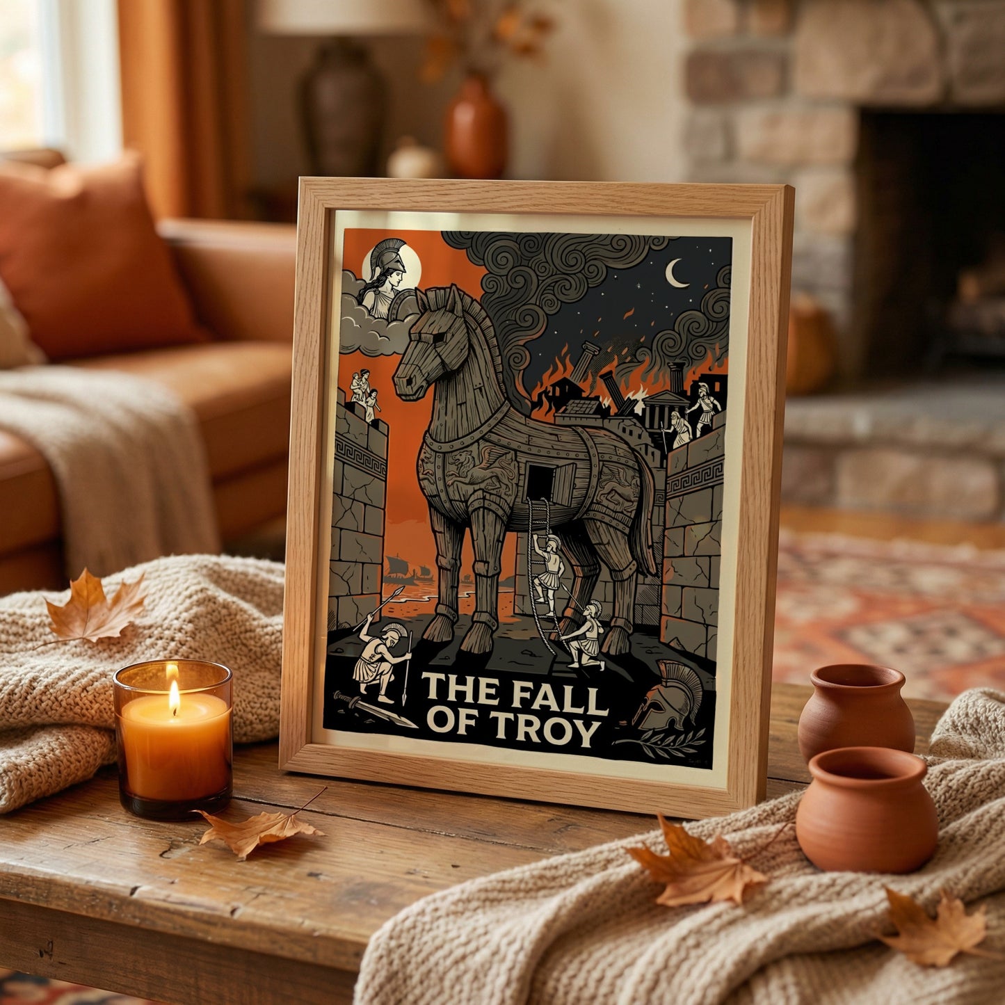The Fall of Troy poster featuring the Trojan Horse, a burning city, and mythological figures in a dramatic,