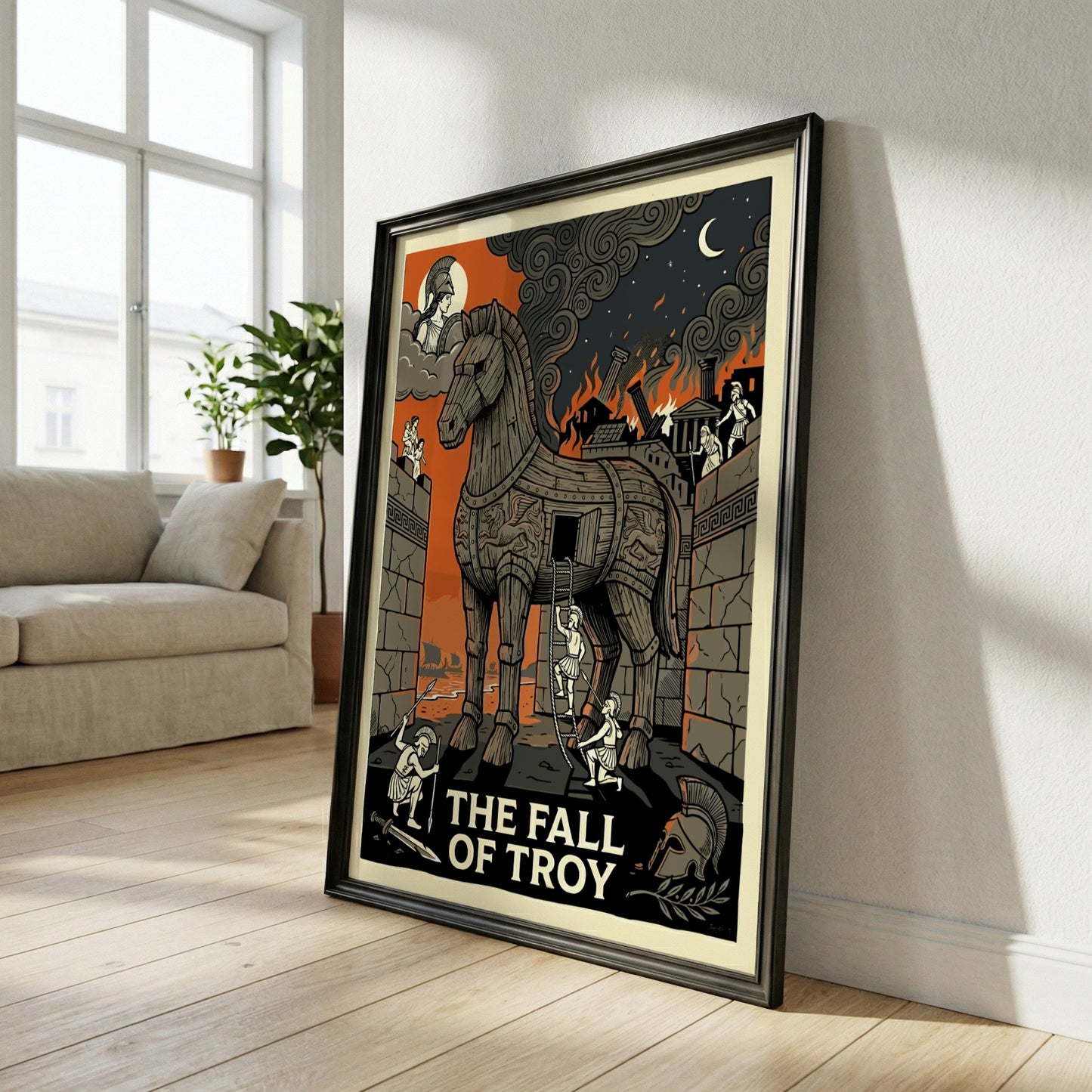 The Fall of Troy poster featuring the Trojan Horse, a burning city, and mythological figures in a dramatic,