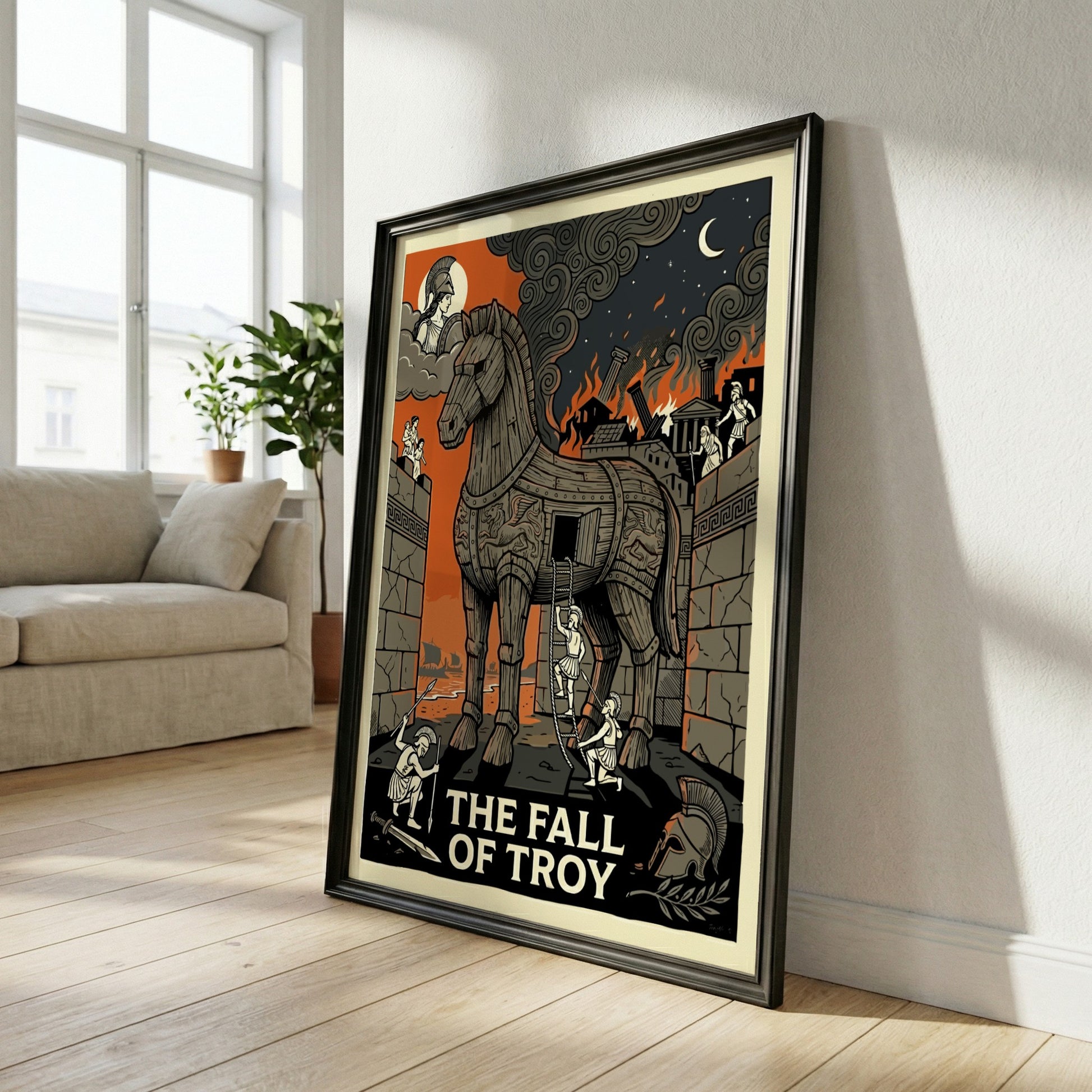 The Fall of Troy poster featuring the Trojan Horse, a burning city, and mythological figures in a dramatic,