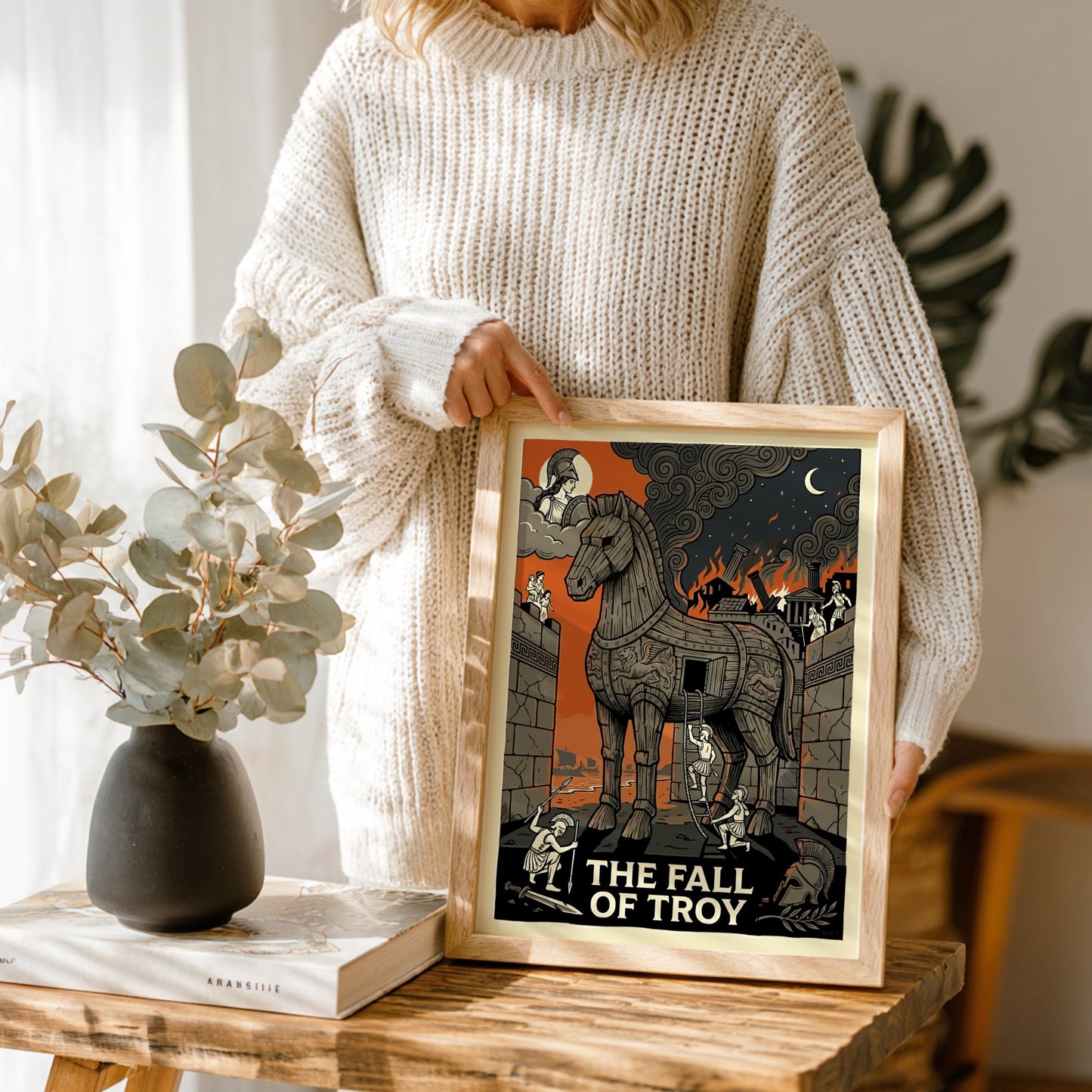 The Fall of Troy poster featuring the Trojan Horse, a burning city, and mythological figures in a dramatic,