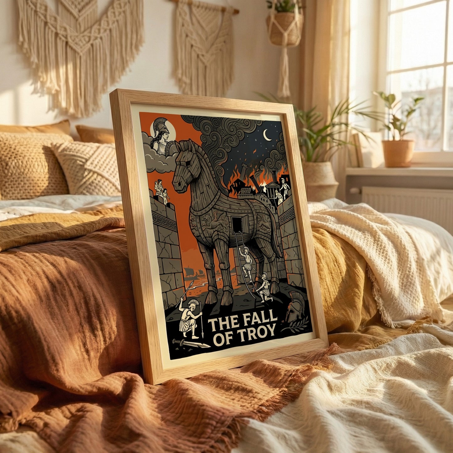 The Fall of Troy poster featuring the Trojan Horse, a burning city, and mythological figures in a dramatic,