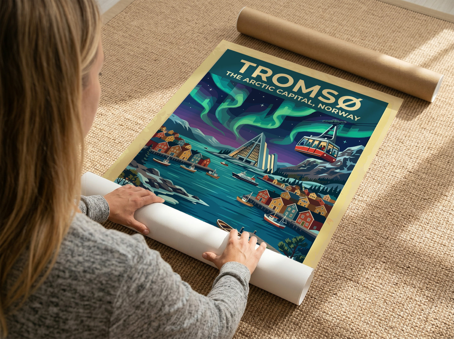 Travel poster of Tromsø Norway featuring the Arctic Cathedral under vibrant green northern lights.