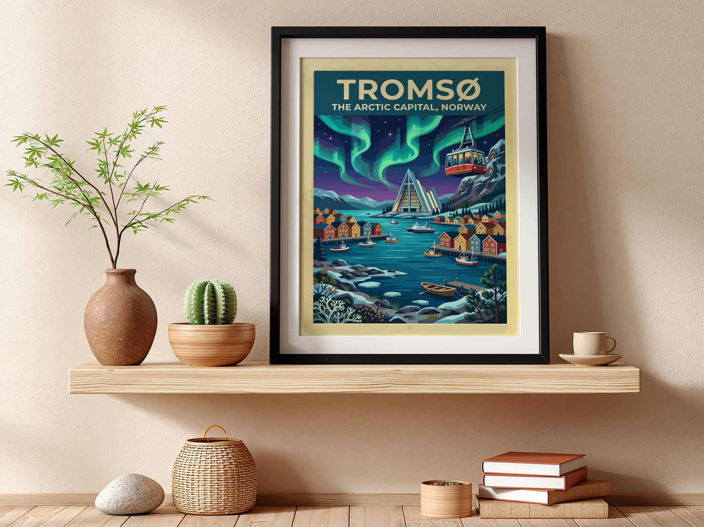 Travel poster of Tromsø Norway featuring the Arctic Cathedral under vibrant green northern lights.