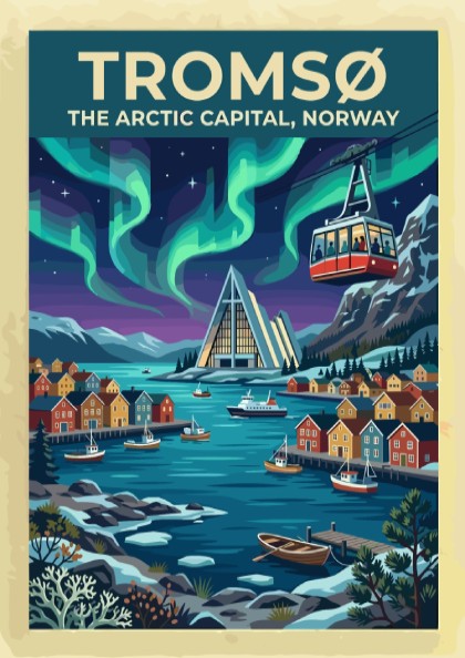 Travel poster of Tromsø Norway featuring the Arctic Cathedral under vibrant green northern lights.