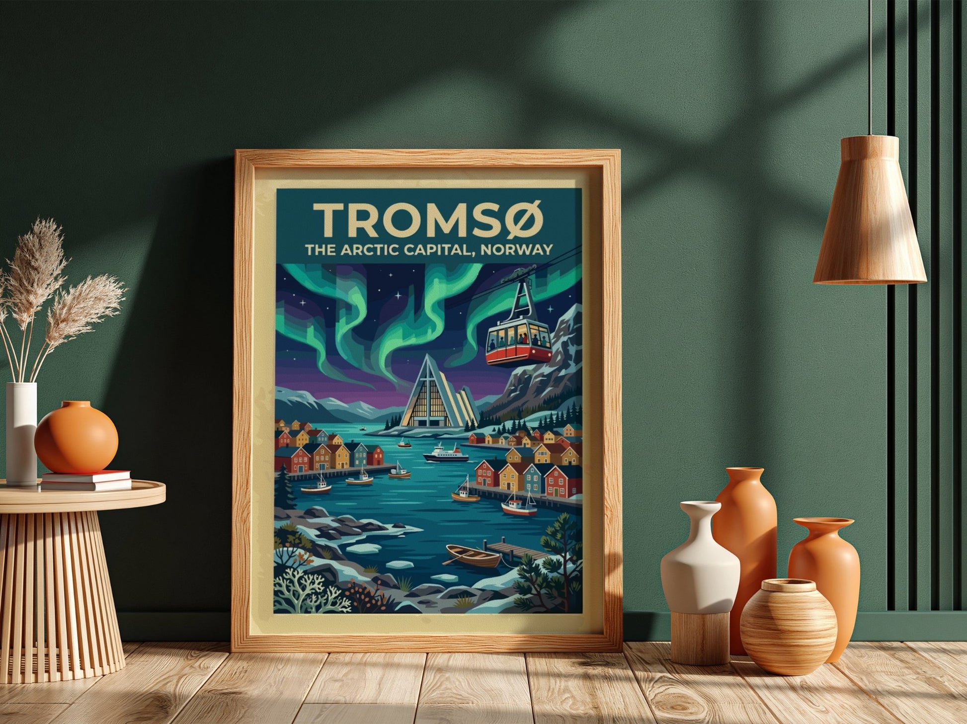 Travel poster of Tromsø Norway featuring the Arctic Cathedral under vibrant green northern lights.