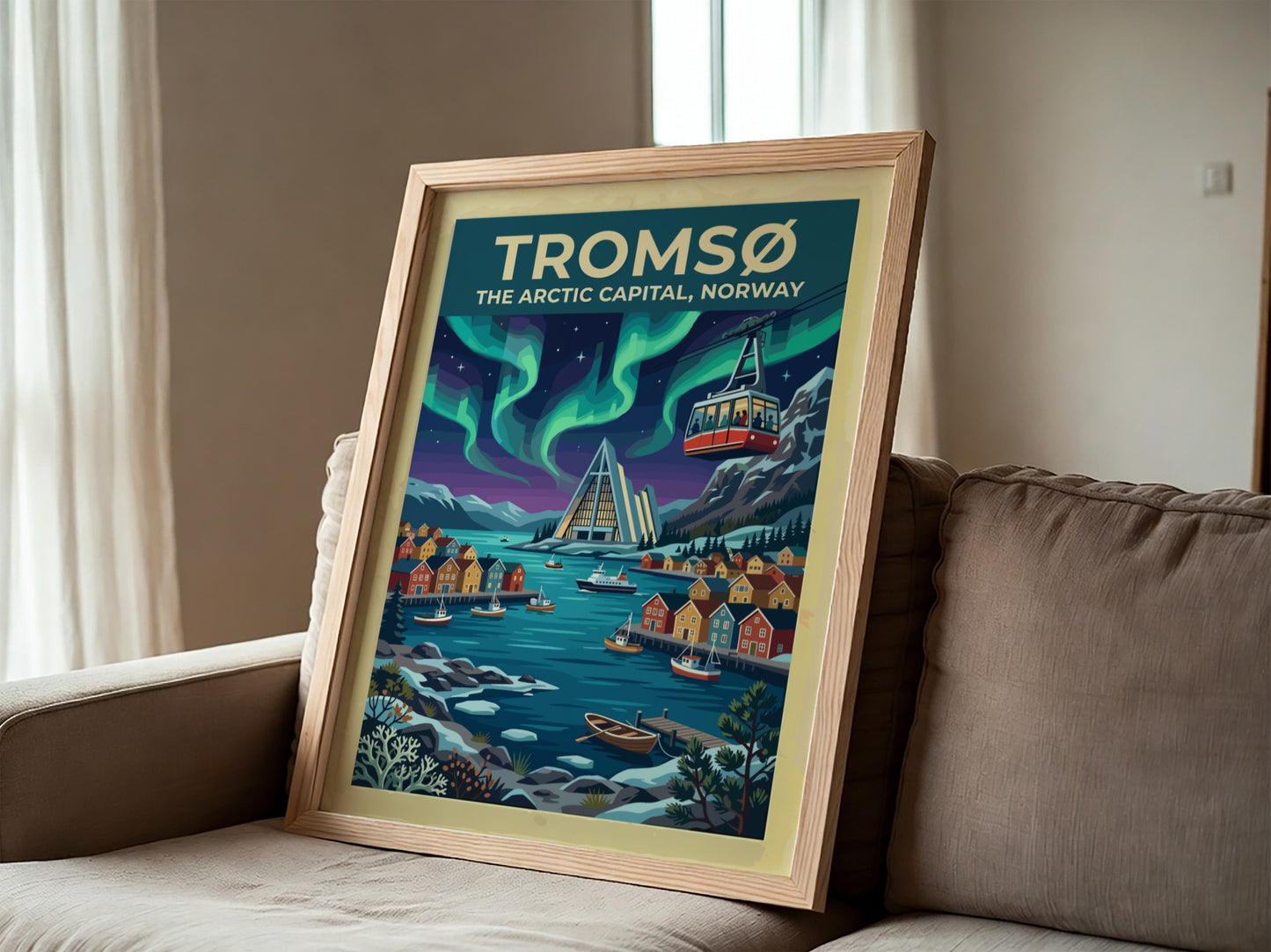 Travel poster of Tromsø Norway featuring the Arctic Cathedral under vibrant green northern lights.
