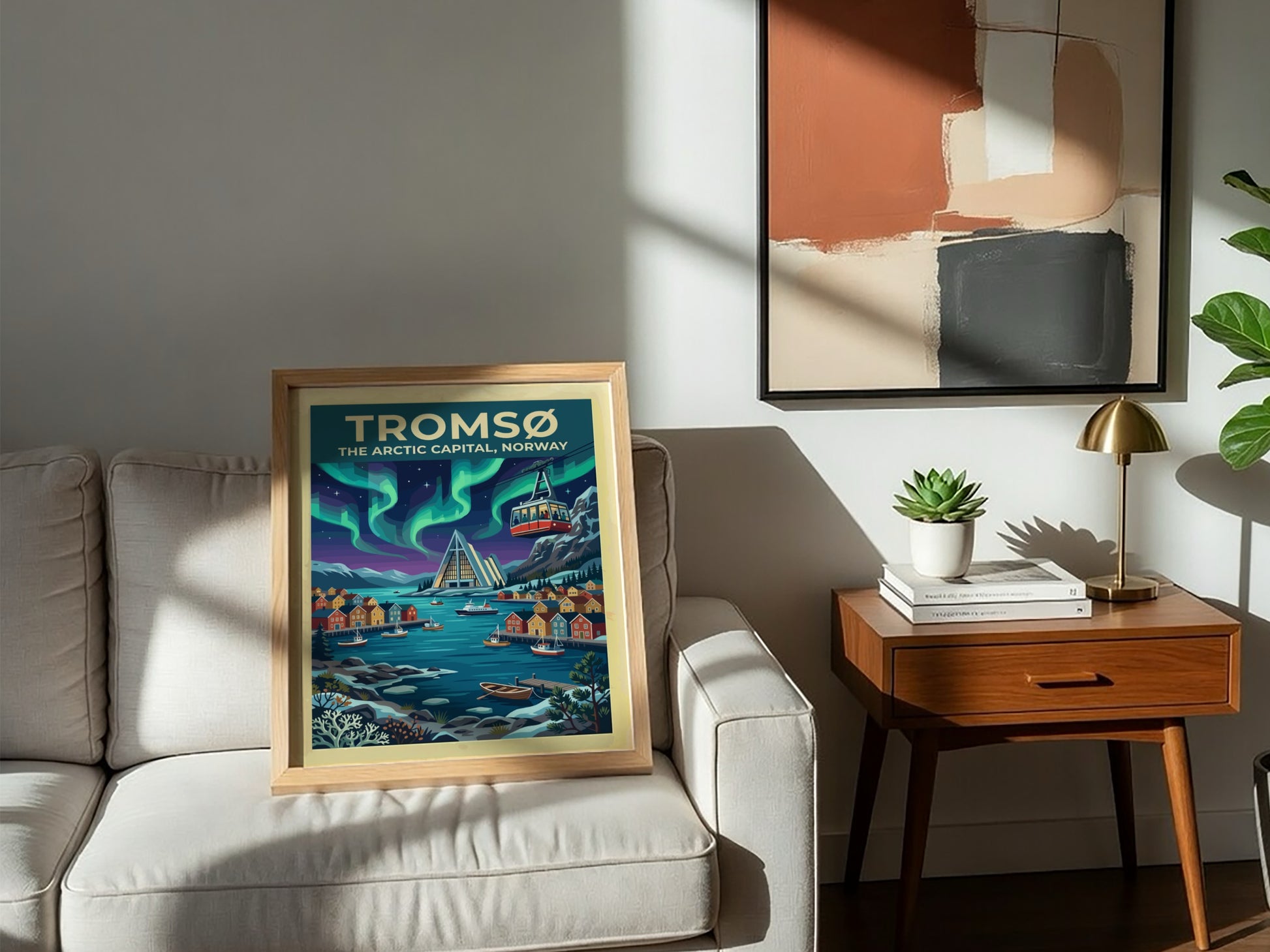 Travel poster of Tromsø Norway featuring the Arctic Cathedral under vibrant green northern lights.