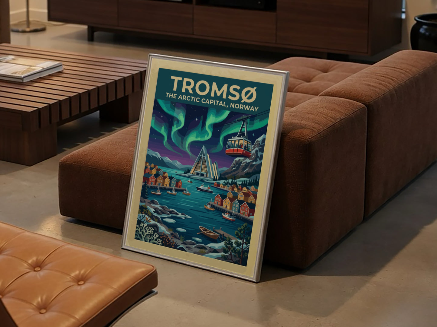 Travel poster of Tromsø Norway featuring the Arctic Cathedral under vibrant green northern lights.