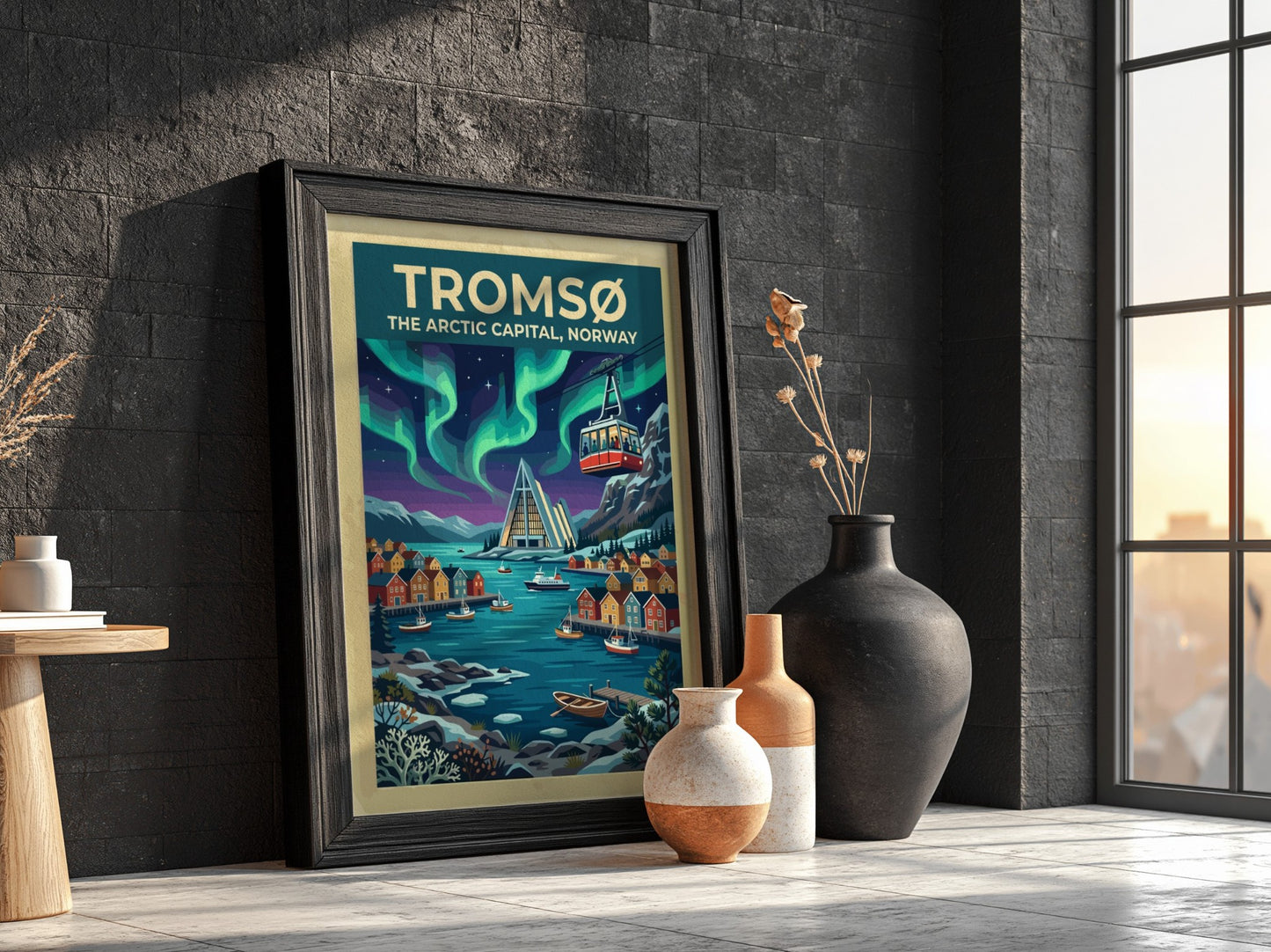 Travel poster of Tromsø Norway featuring the Arctic Cathedral under vibrant green northern lights.
