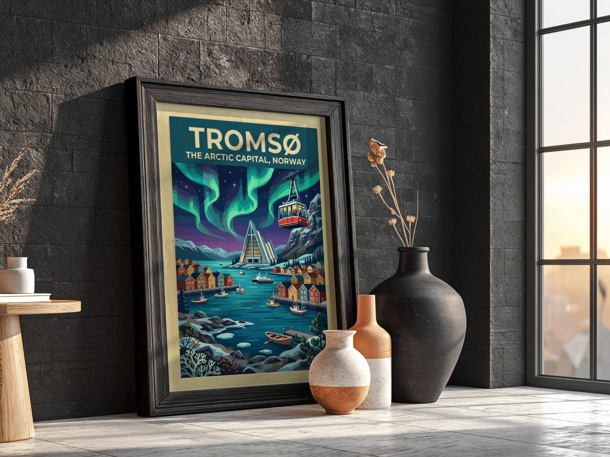 Travel poster of Tromsø Norway featuring the Arctic Cathedral under vibrant green northern lights.