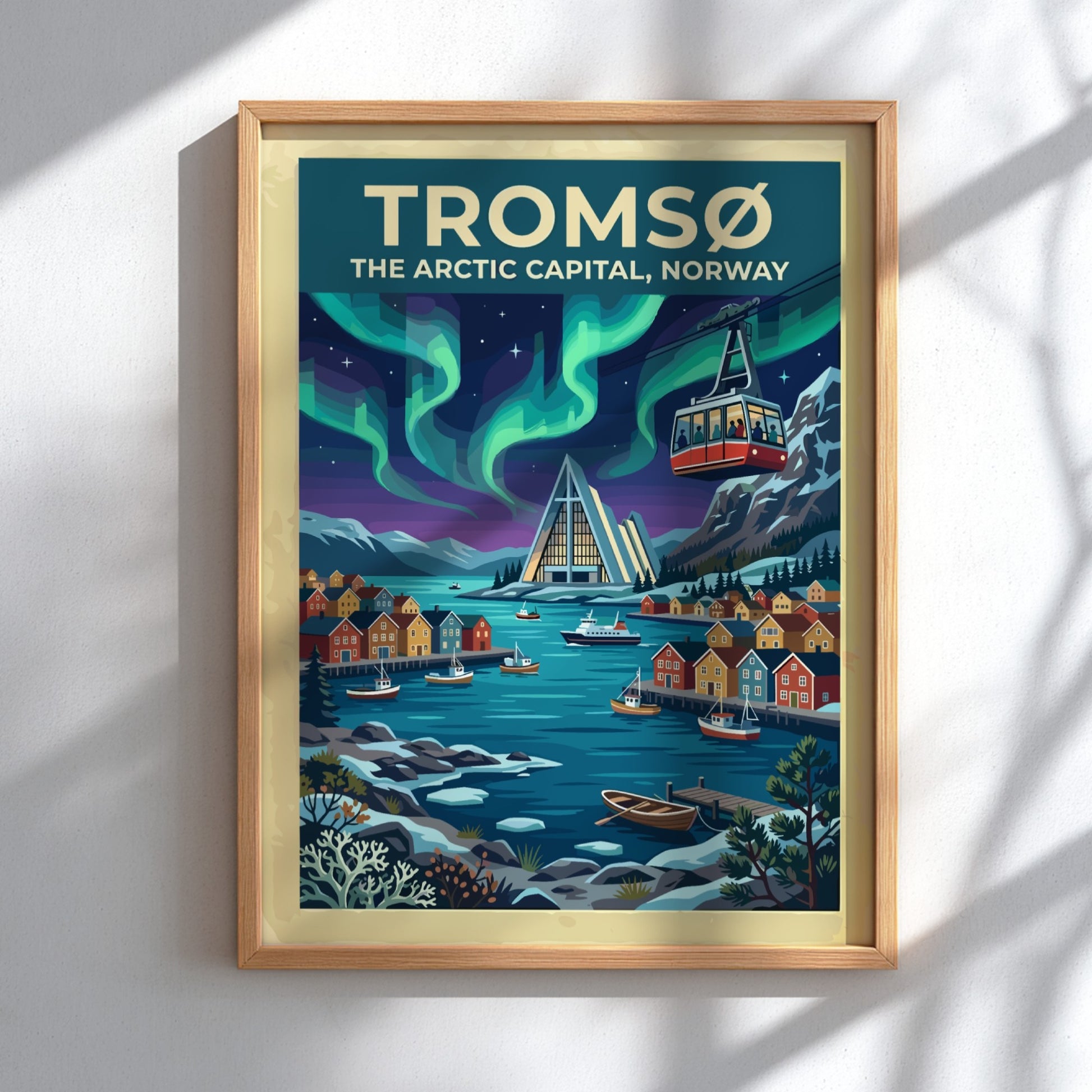 Travel poster of Tromsø Norway featuring the Arctic Cathedral under vibrant green northern lights.