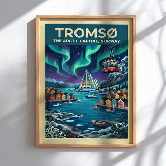 Travel poster of Tromsø Norway featuring the Arctic Cathedral under vibrant green northern lights.