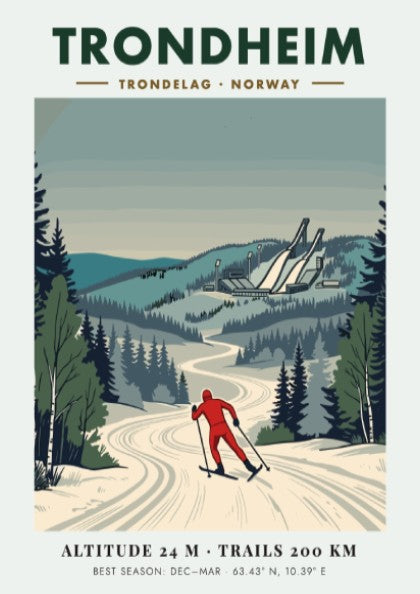 Poster of a cross-country skier in Trondheim Norway with snowy trees and jumps.