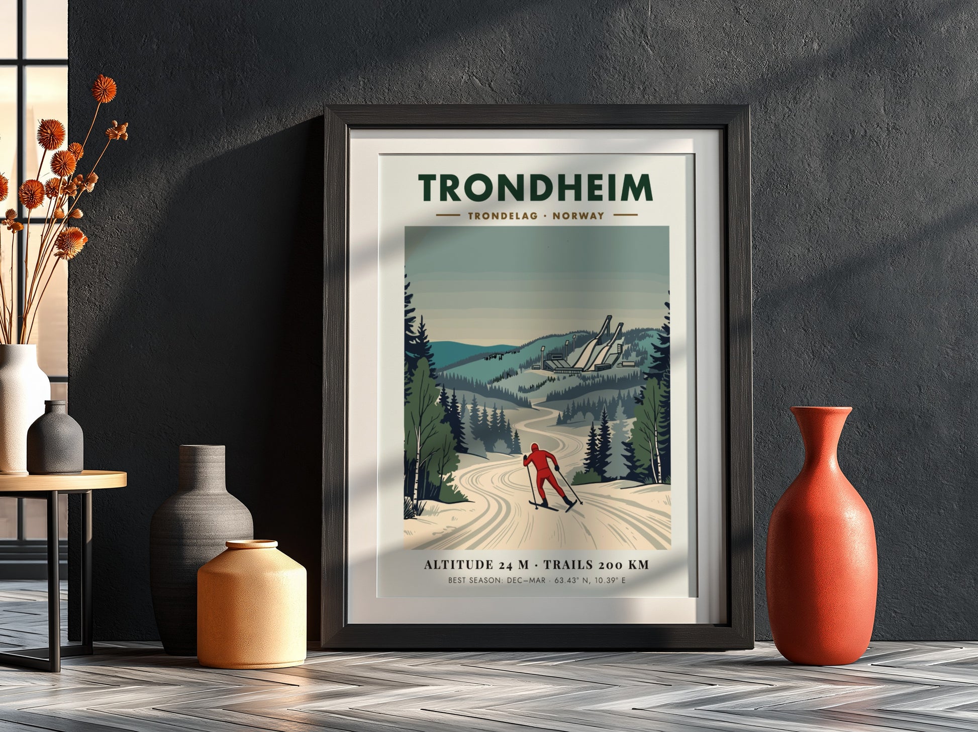 Poster of a cross-country skier in Trondheim Norway with snowy trees and jumps.