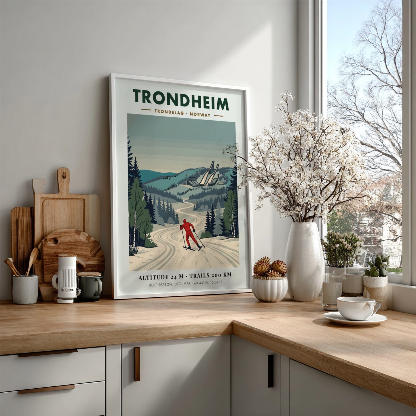 Poster of a cross-country skier in Trondheim Norway with snowy trees and jumps.