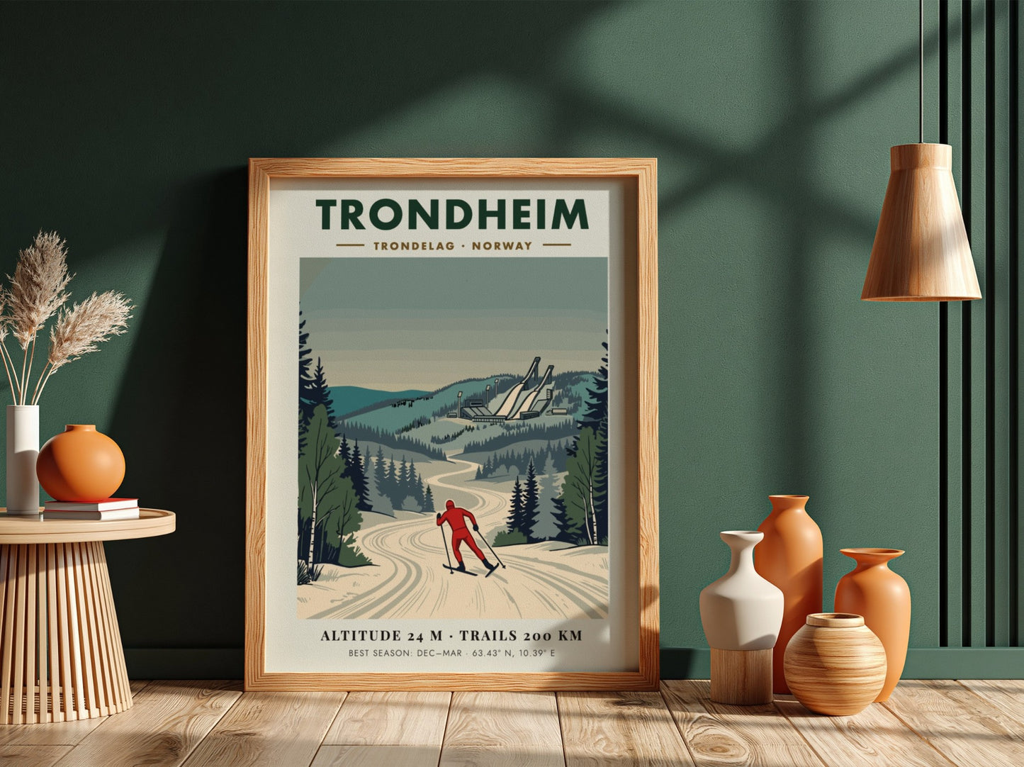 Poster of a cross-country skier in Trondheim Norway with snowy trees and jumps.