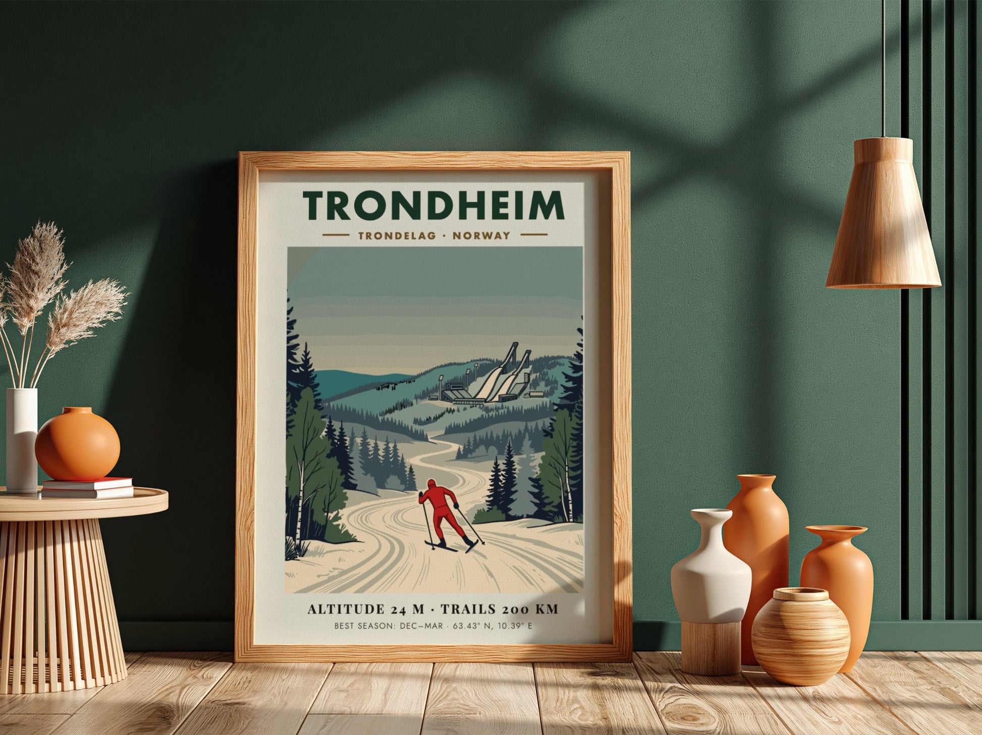 Poster of a cross-country skier in Trondheim Norway with snowy trees and jumps.