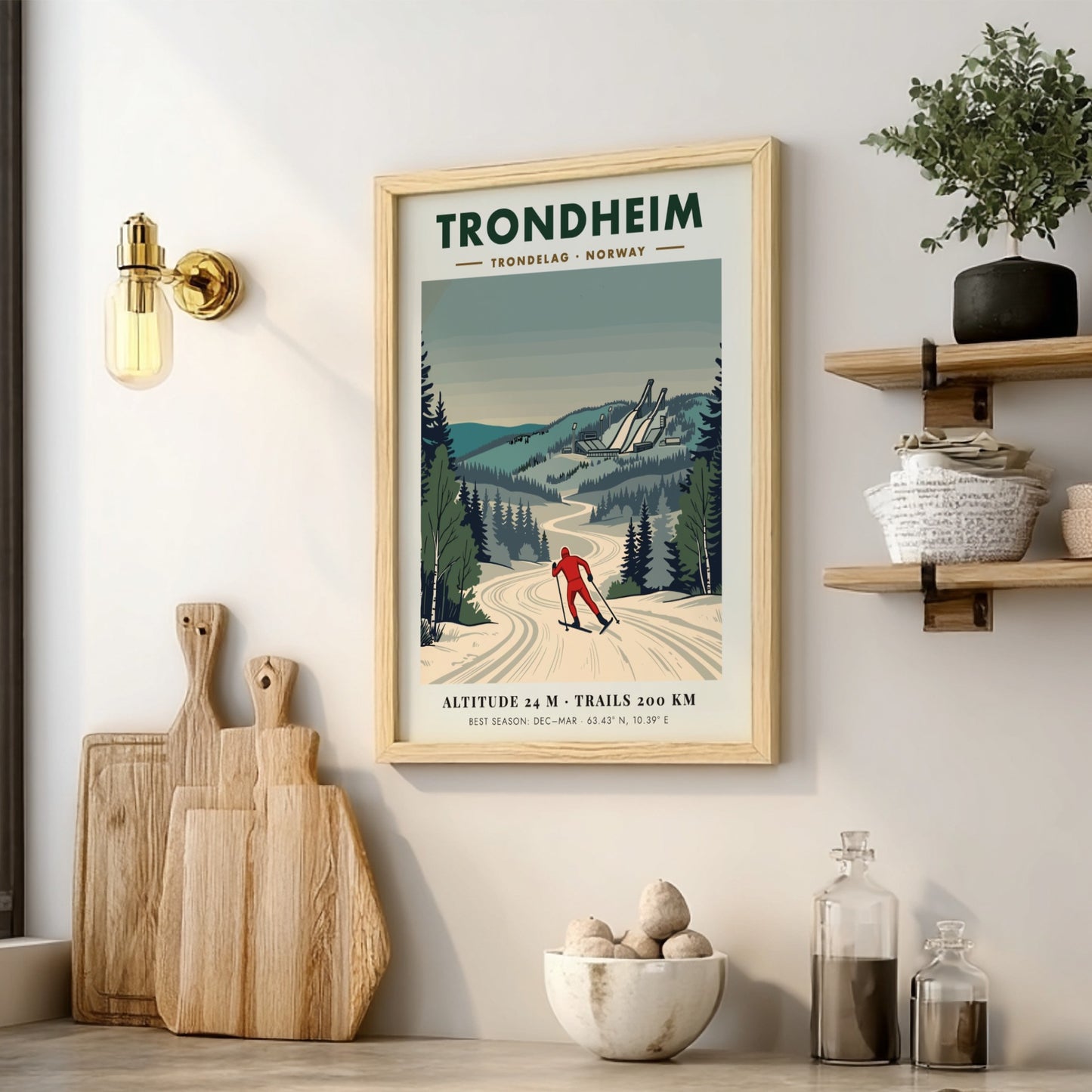 Poster of a cross-country skier in Trondheim Norway with snowy trees and jumps.