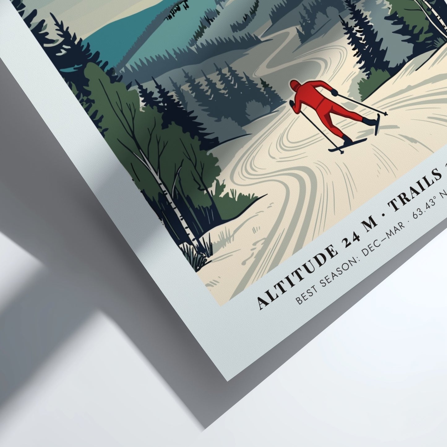 Poster of a cross-country skier in Trondheim Norway with snowy trees and jumps.