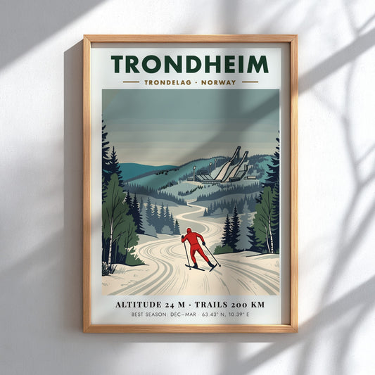 Poster of a cross-country skier in Trondheim Norway with snowy trees and jumps.
