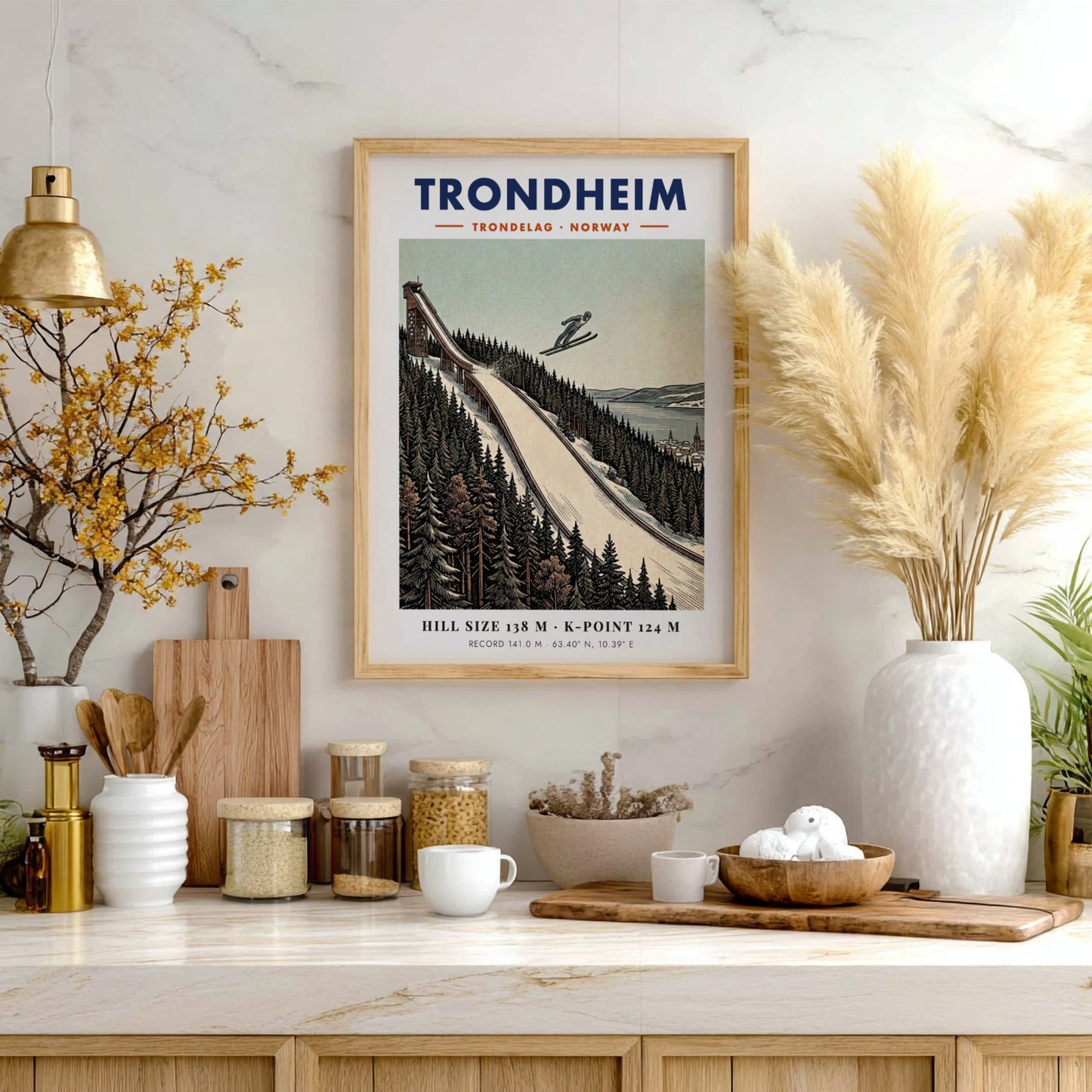 Poster of a ski jumper flying over a snowy forest in Trondheim Norway