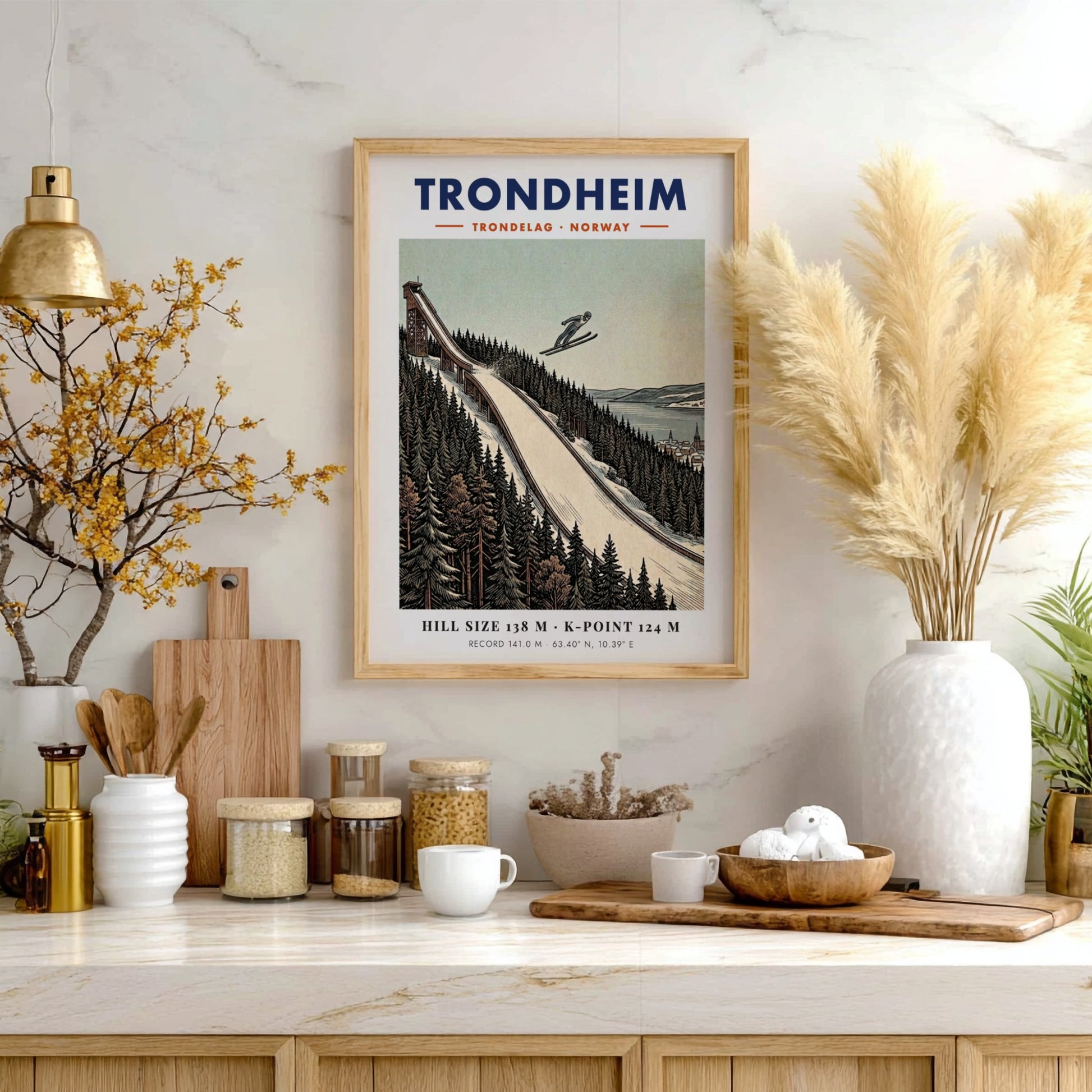 Poster of a ski jumper flying over a snowy forest in Trondheim Norway
