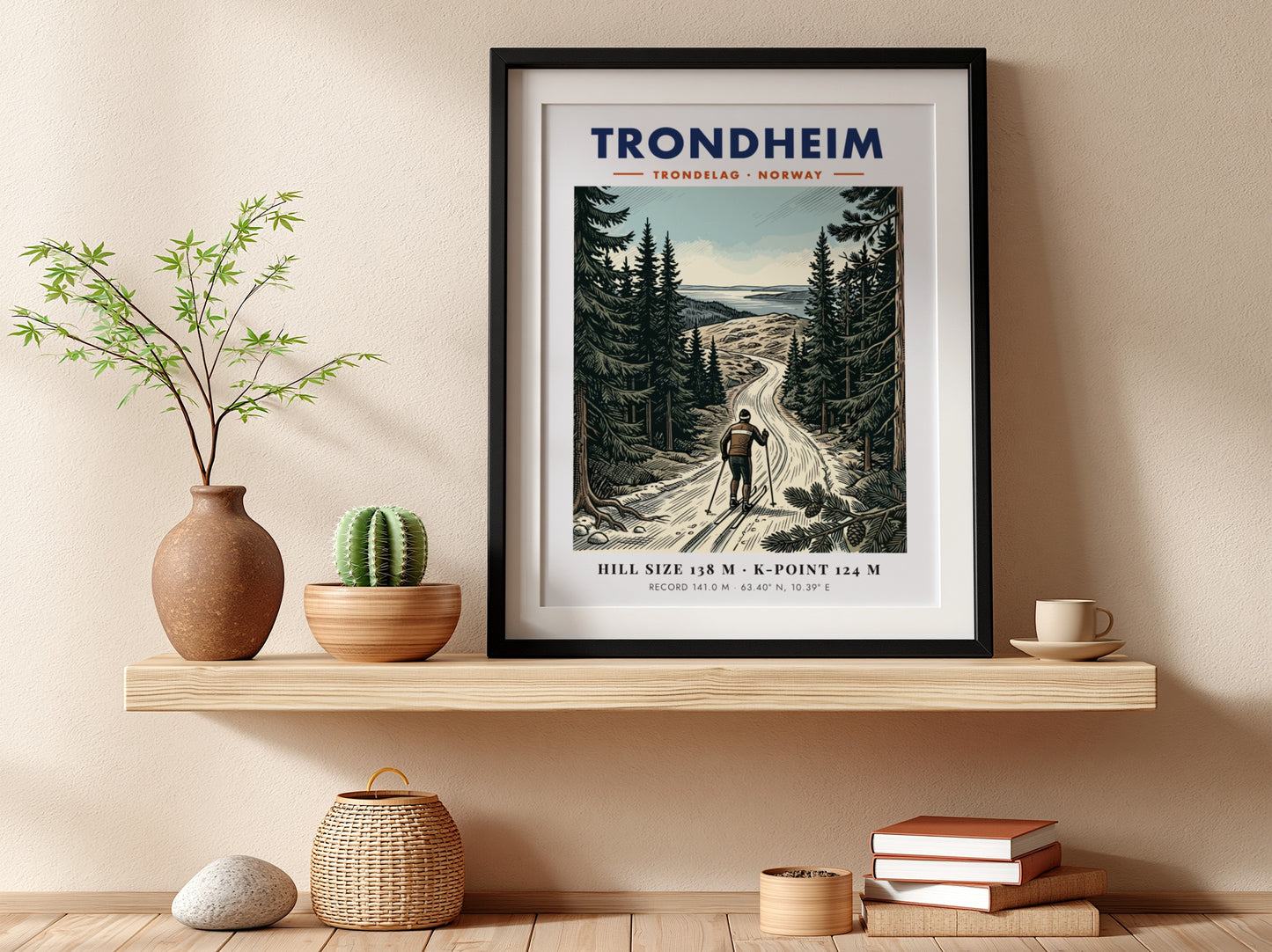 Poster of a skier in the Trondheim forest with mountains and blue sky.