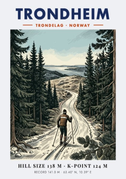 Poster of a skier in the Trondheim forest with mountains and blue sky.
