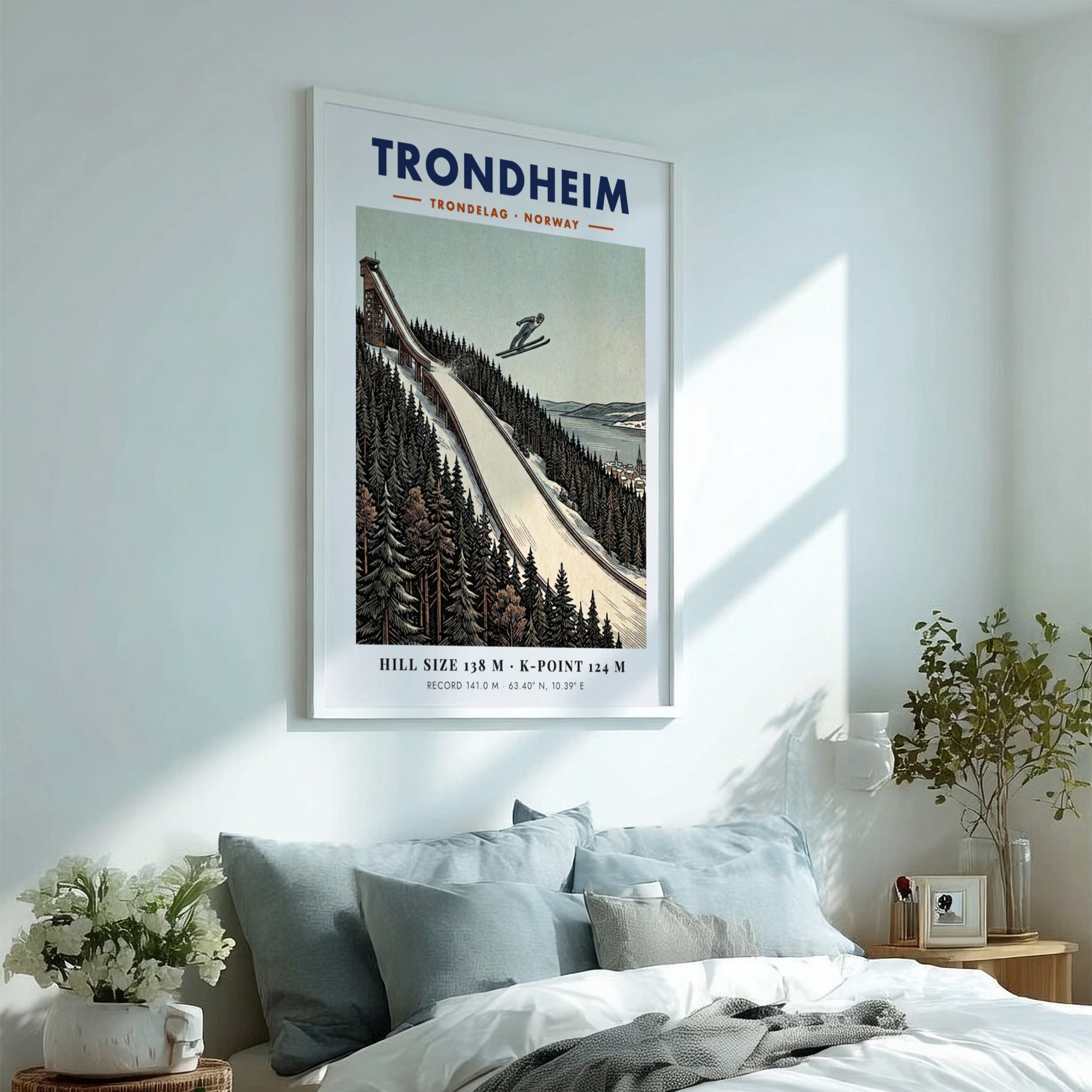 Poster of a ski jumper flying over a snowy forest in Trondheim Norway