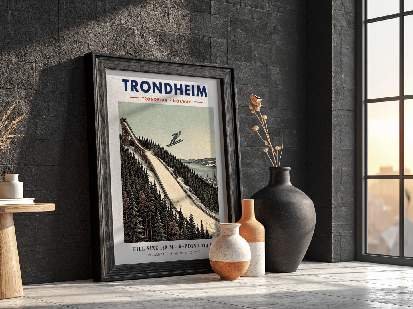 Poster of a ski jumper flying over a snowy forest in Trondheim Norway