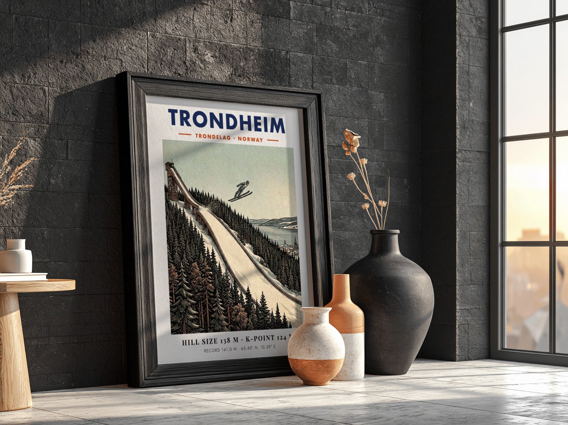 Poster of a ski jumper flying over a snowy forest in Trondheim Norway