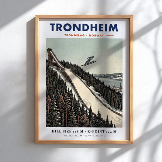 Poster of a ski jumper flying over a snowy forest in Trondheim Norway