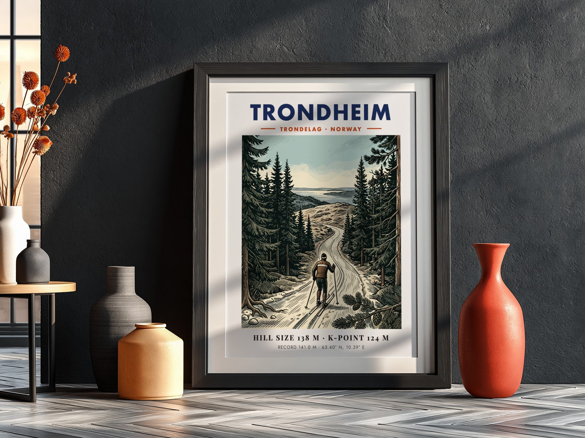 Poster of a skier in the Trondheim forest with mountains and blue sky.