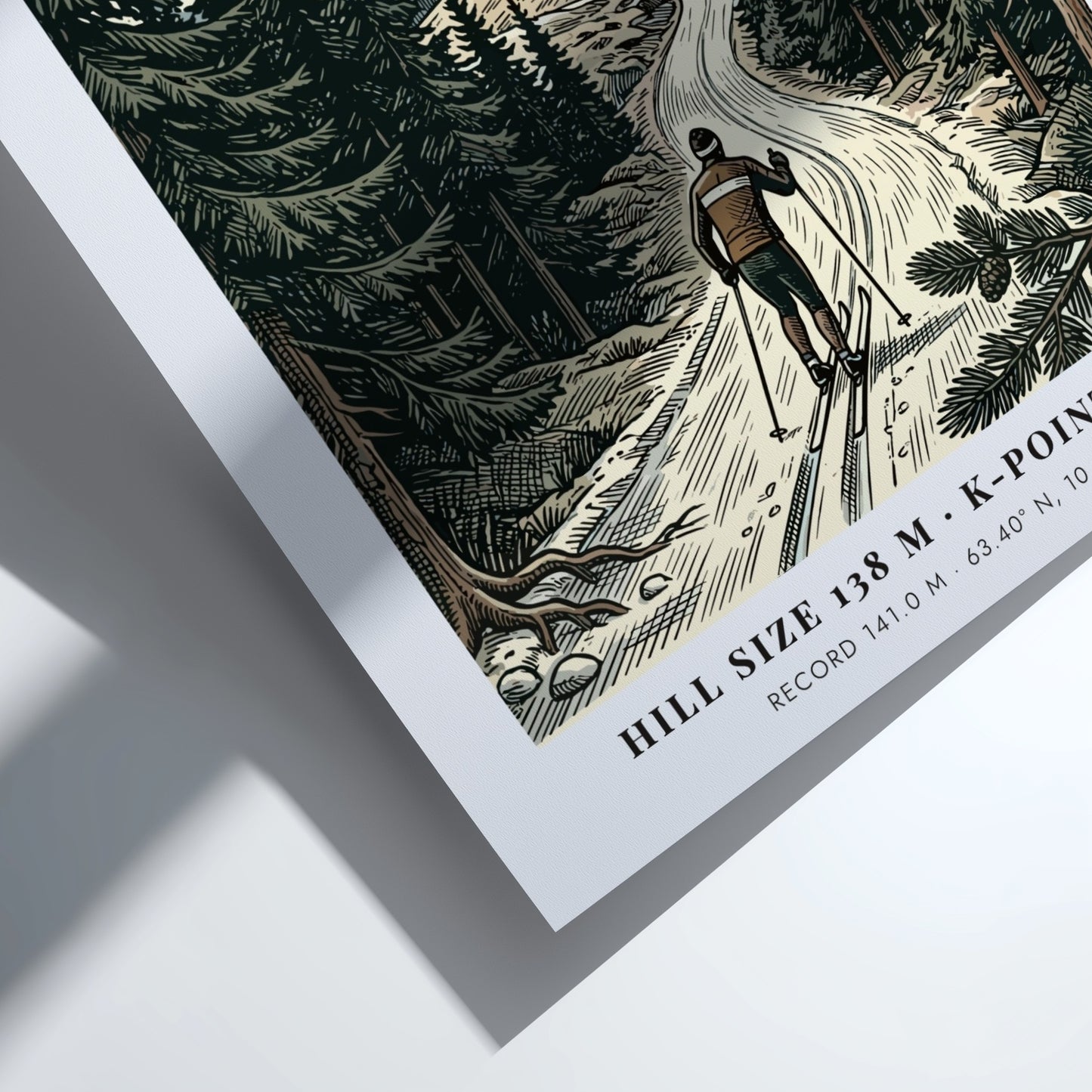 Poster of a skier in the Trondheim forest with mountains and blue sky.