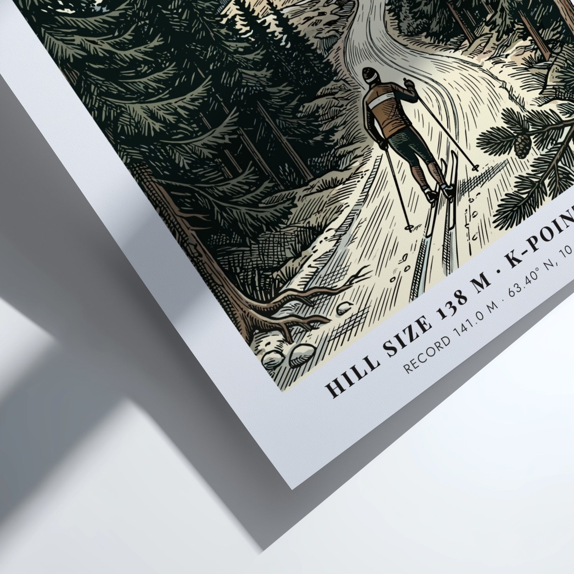 Poster of a skier in the Trondheim forest with mountains and blue sky.
