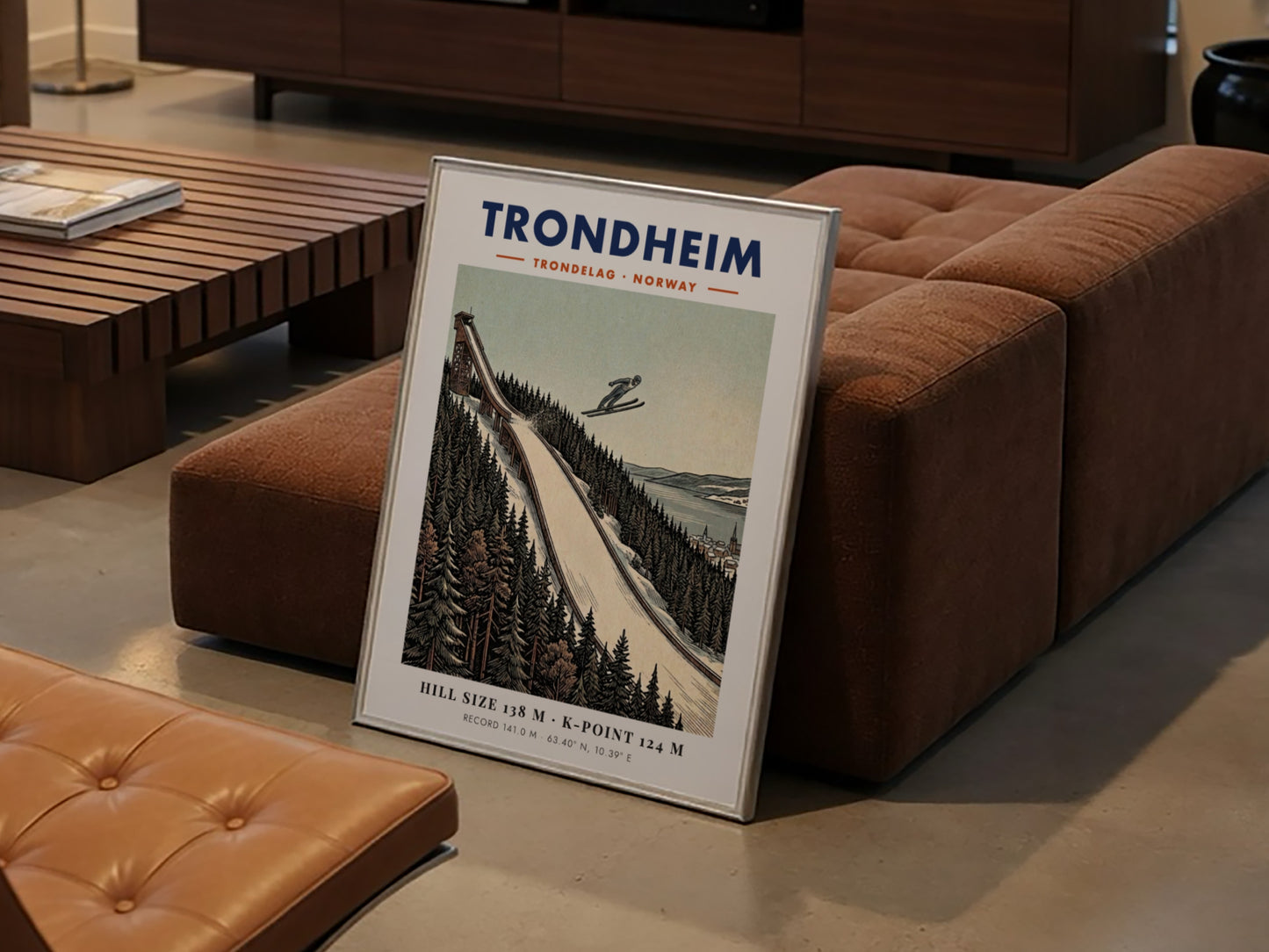 Poster of a ski jumper flying over a snowy forest in Trondheim Norway