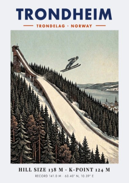 Poster of a ski jumper flying over a snowy forest in Trondheim Norway