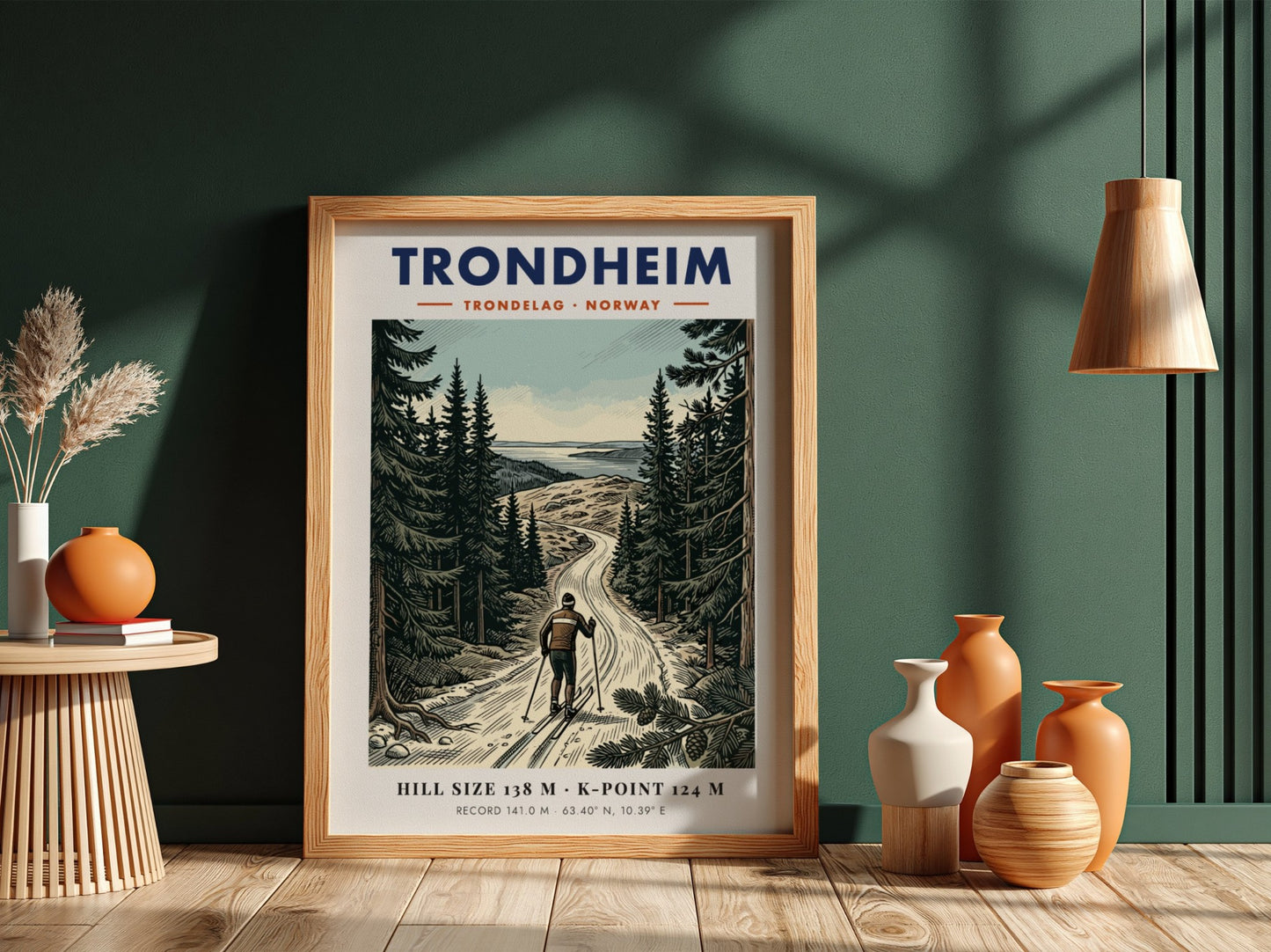 Poster of a skier in the Trondheim forest with mountains and blue sky.
