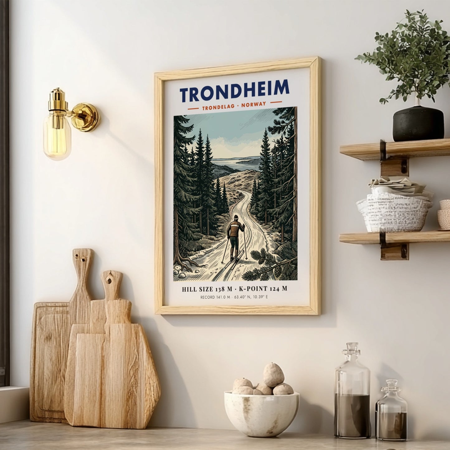 Poster of a skier in the Trondheim forest with mountains and blue sky.