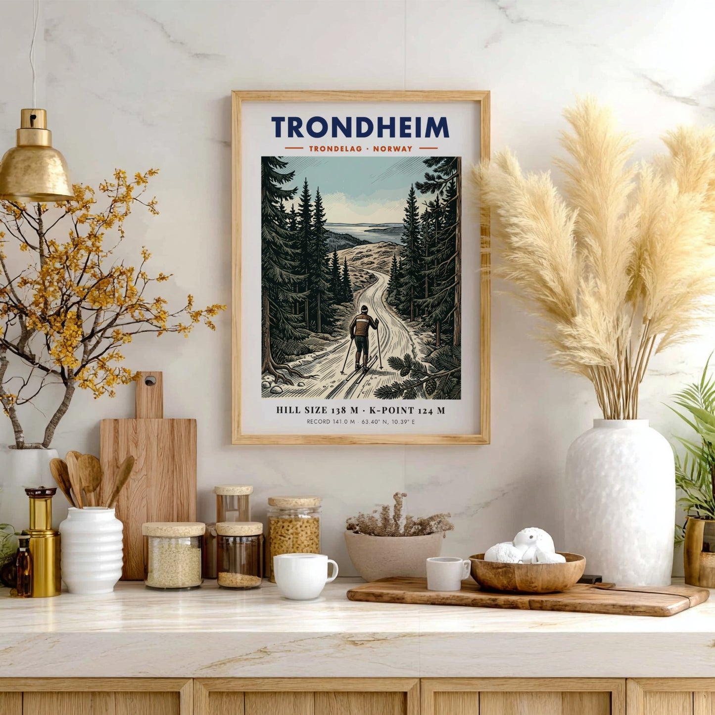 Poster of a skier in the Trondheim forest with mountains and blue sky.