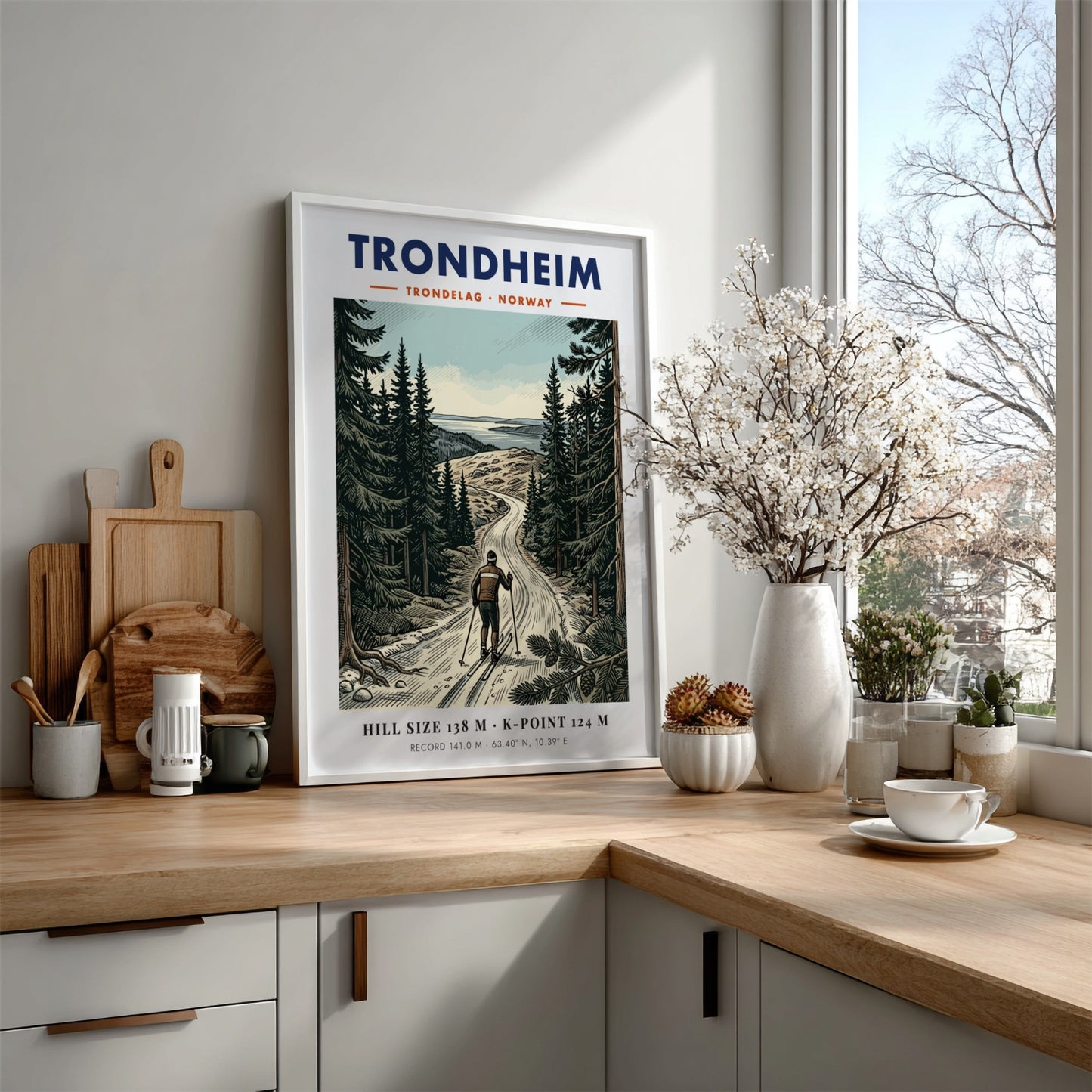 Poster of a skier in the Trondheim forest with mountains and blue sky.