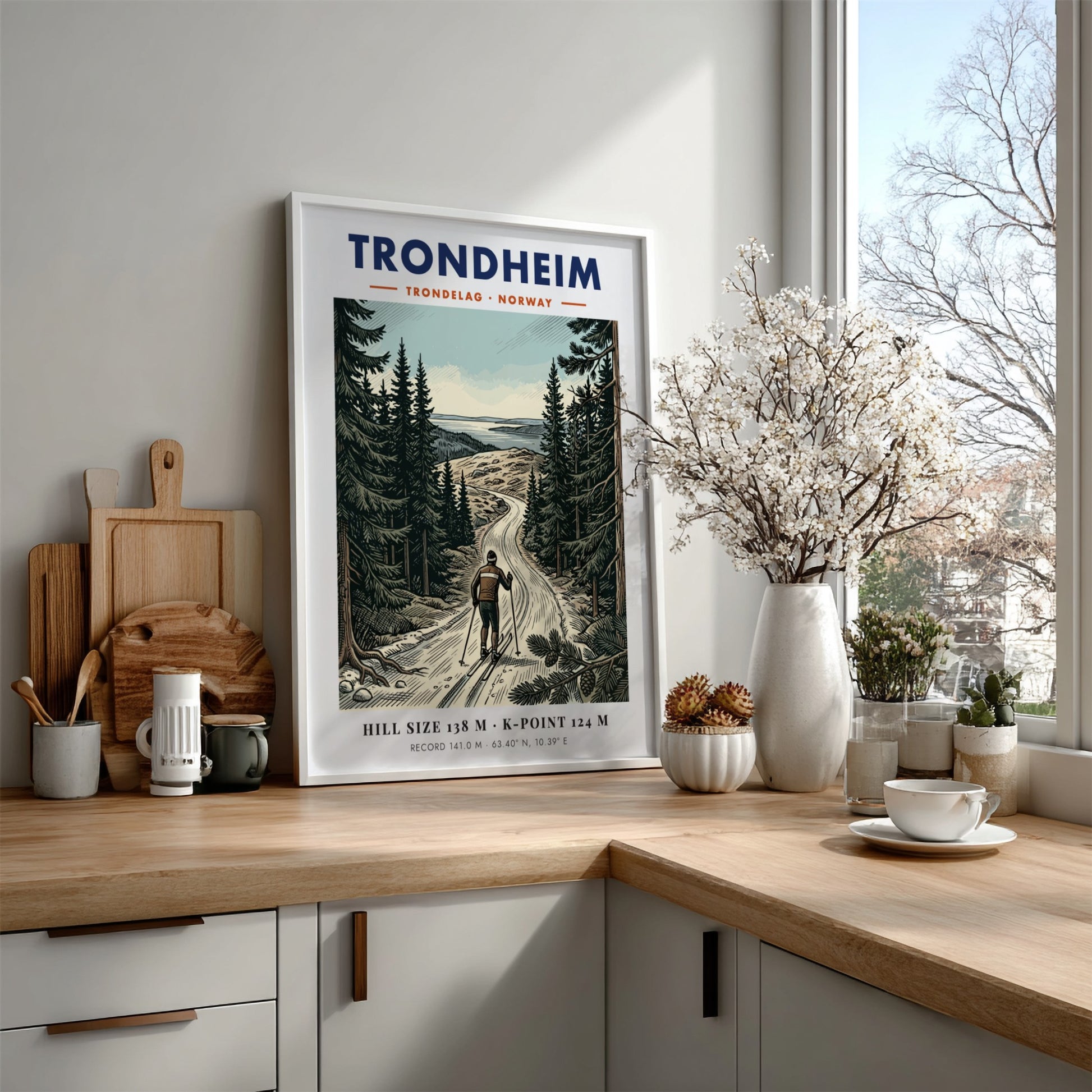Poster of a skier in the Trondheim forest with mountains and blue sky.