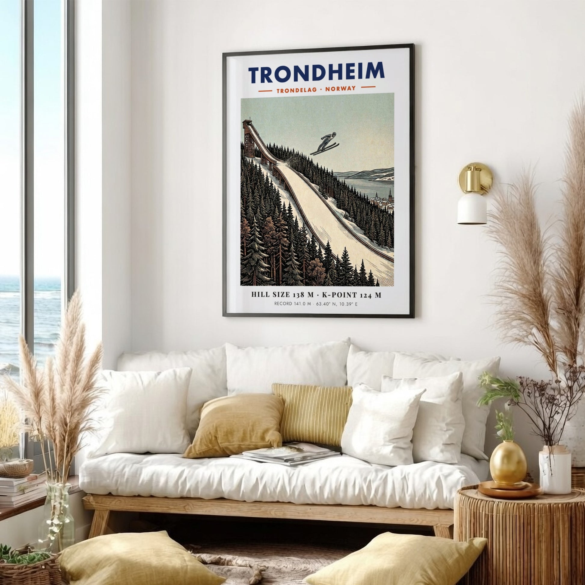 Poster of a ski jumper flying over a snowy forest in Trondheim Norway