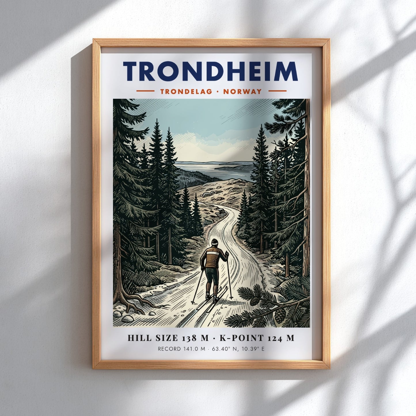 Poster of a skier in the Trondheim forest with mountains and blue sky.