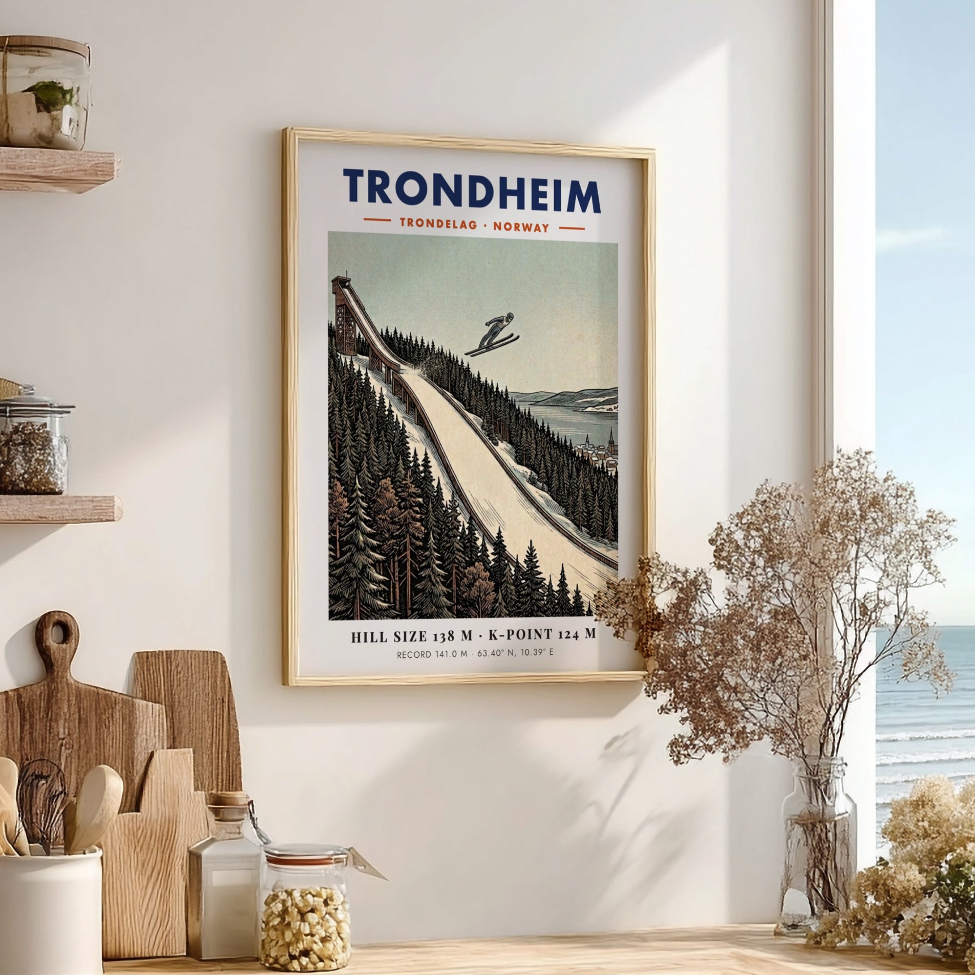 Poster of a ski jumper flying over a snowy forest in Trondheim Norway