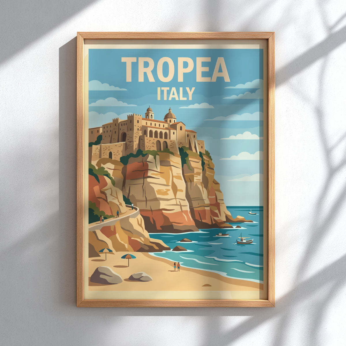Poster of Tropea Italy featuring a historic town on a cliff above turquoise water.