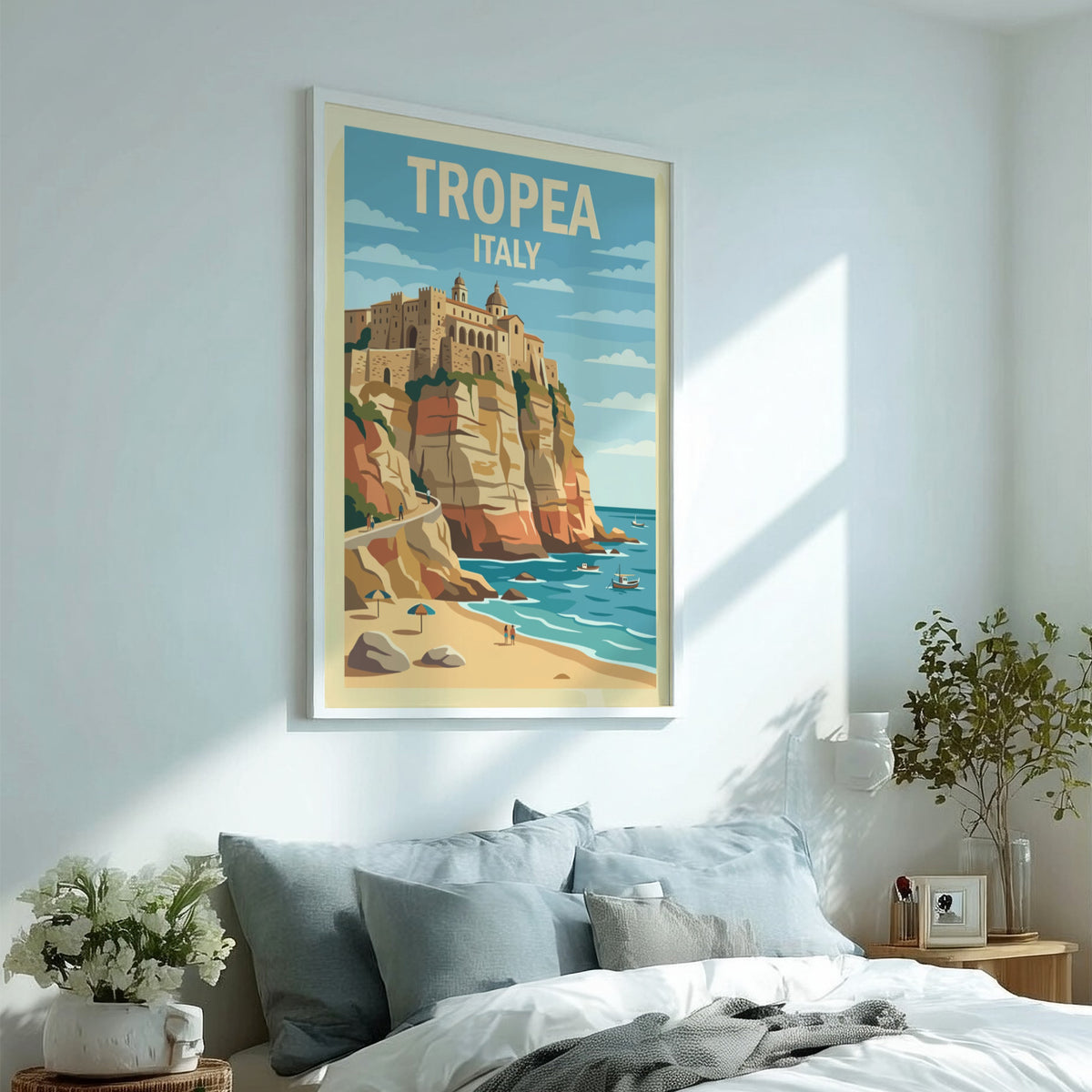 Poster of Tropea Italy featuring a historic town on a cliff above turquoise water.