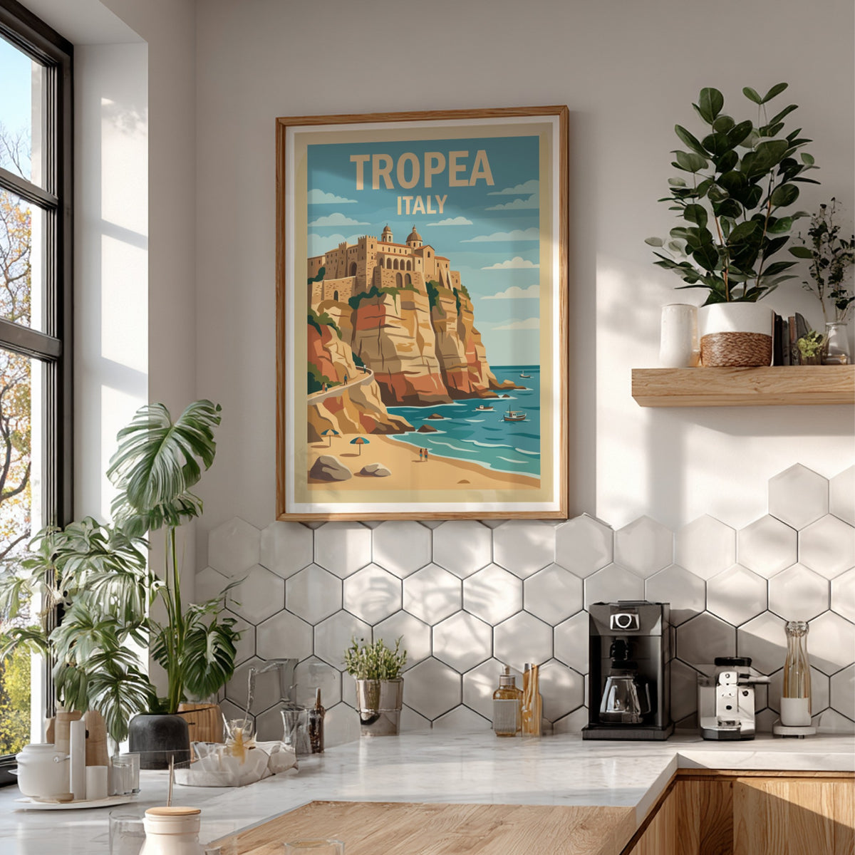 Poster of Tropea Italy featuring a historic town on a cliff above turquoise water.