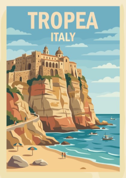 Poster of Tropea Italy featuring a historic town on a cliff above turquoise water.