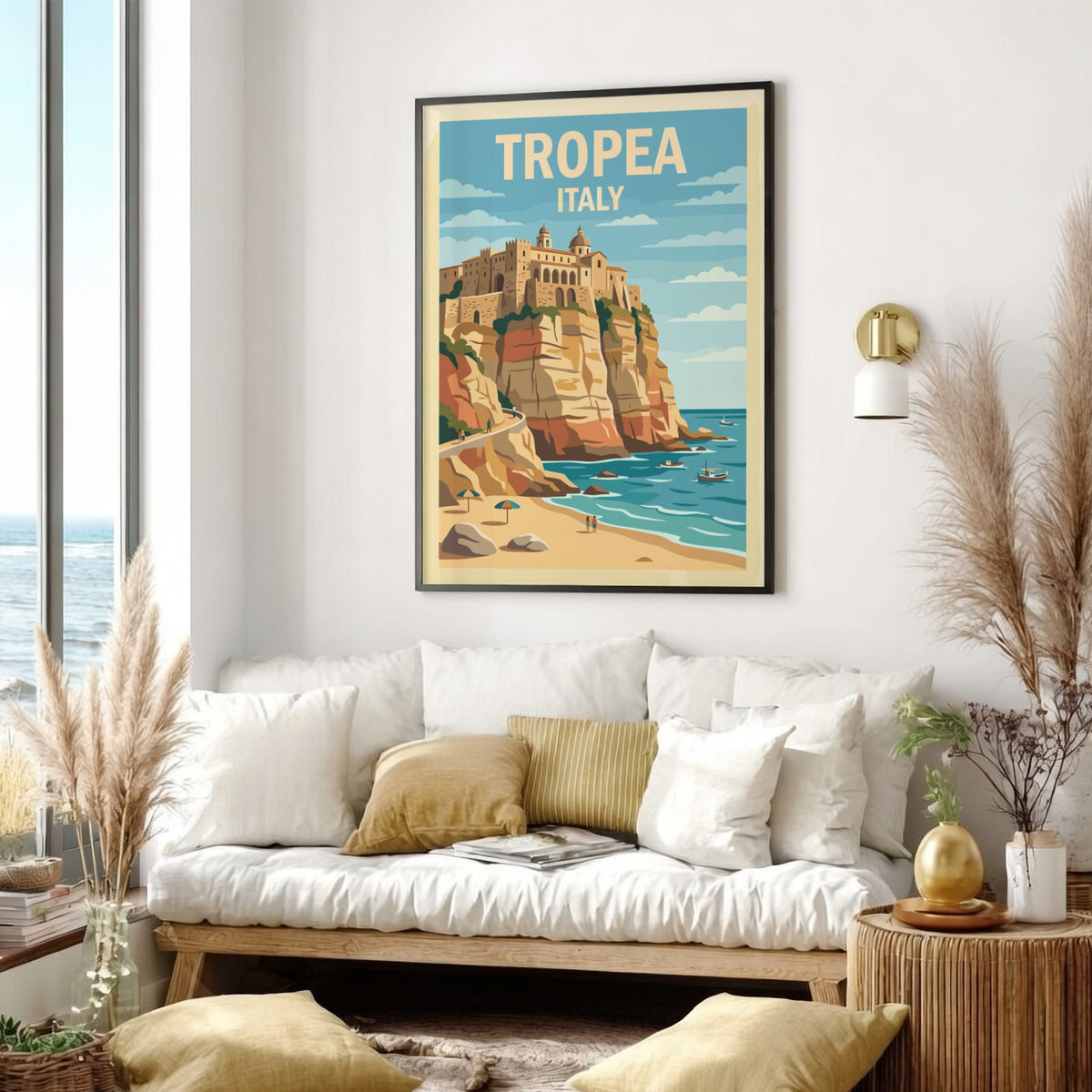 Poster of Tropea Italy featuring a historic town on a cliff above turquoise water.
